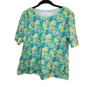 Stan Herman Women's Floral Shirt Top Cotton Short Sleeve Casual Green Small